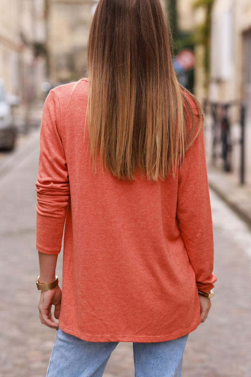 Brick color Long-Sleeve V-Neck Tee with Button Detail