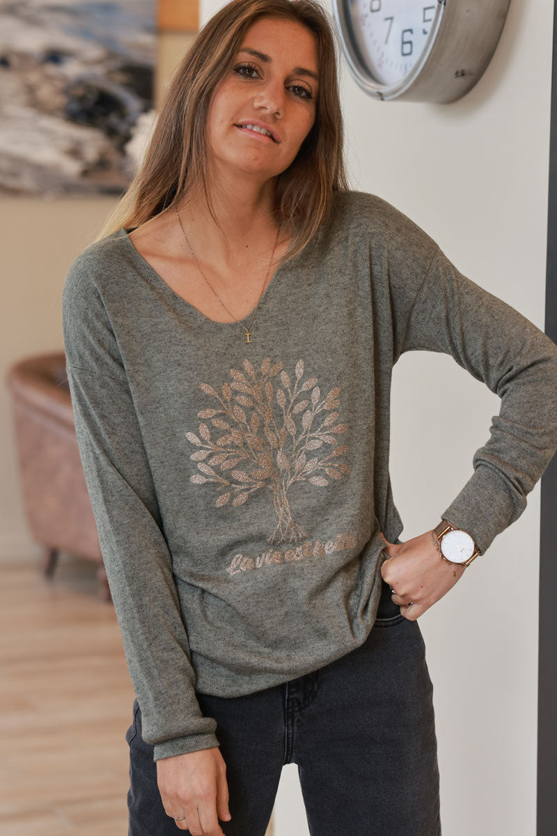 Pull jersey doux kaki arbre de vie brillant doré La vie est belle