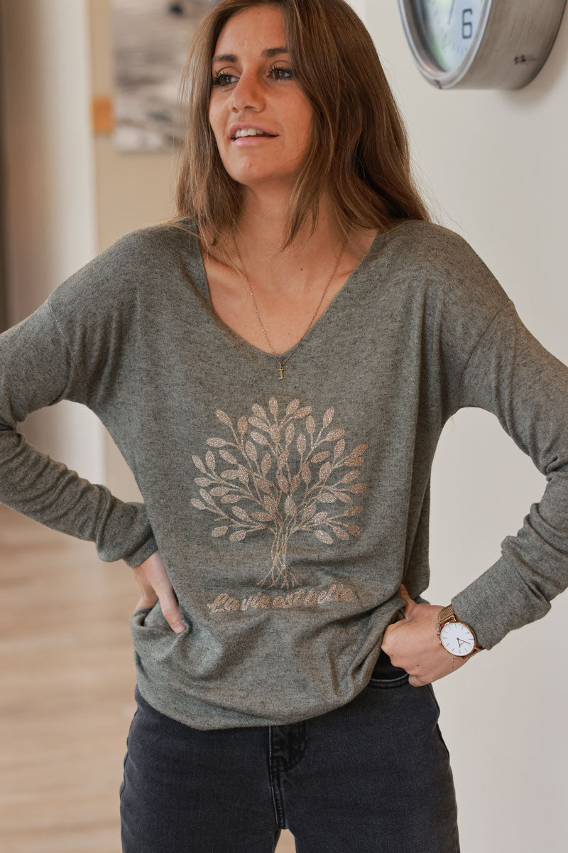 Olive “La Vie Est Belle” Gold Glitter Tree Long-Sleeve Tee