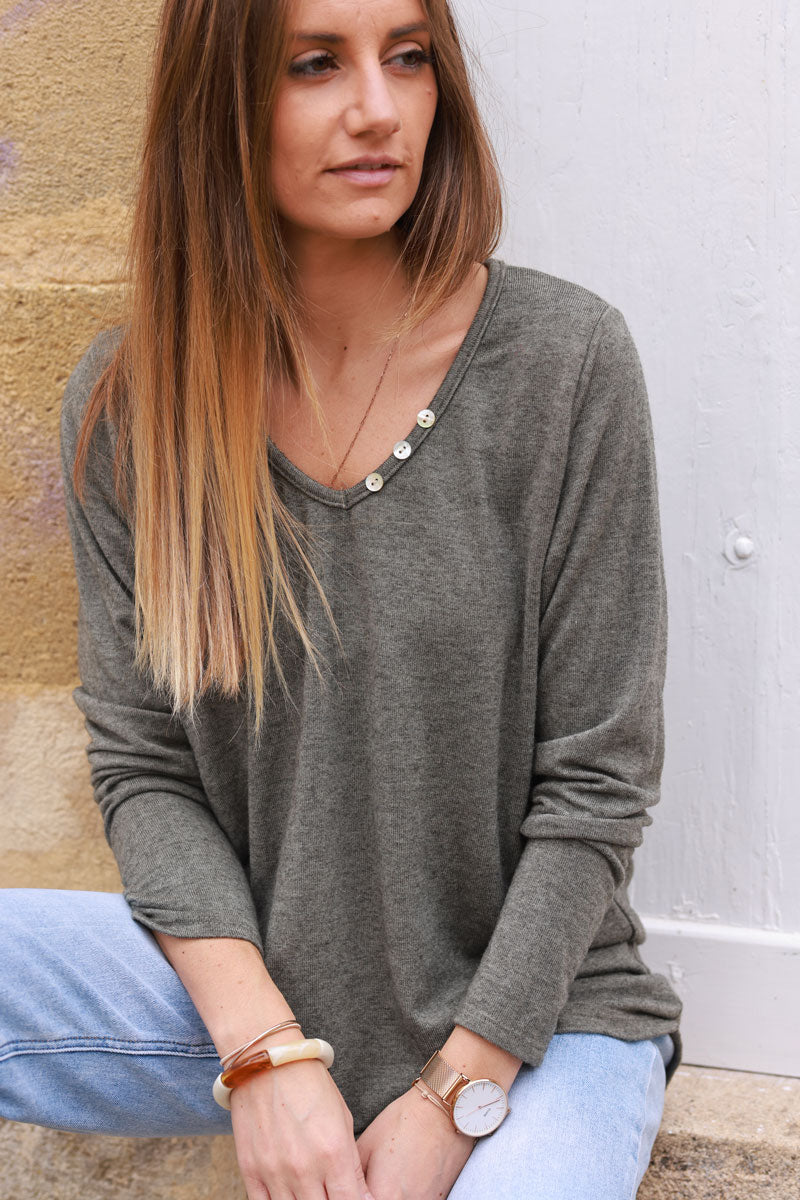 Khaki Long-Sleeve V-Neck Tee with Button Detail