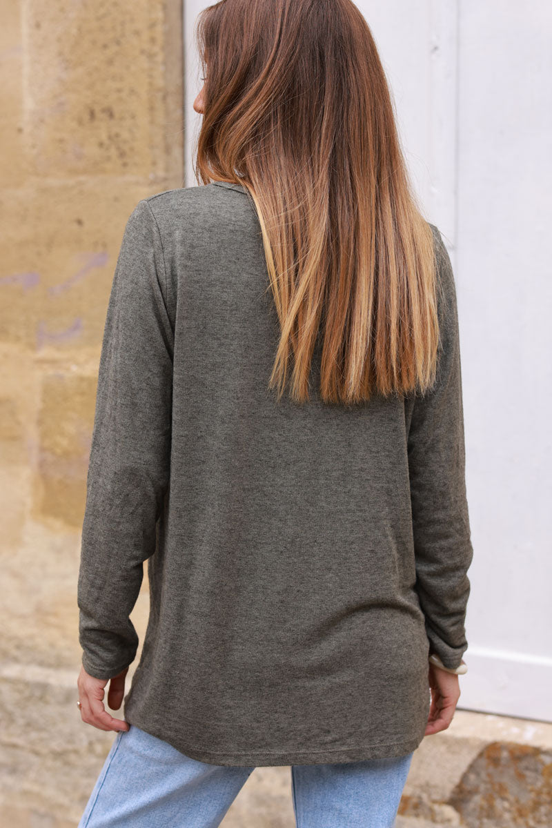 Khaki Long-Sleeve V-Neck Tee with Button Detail