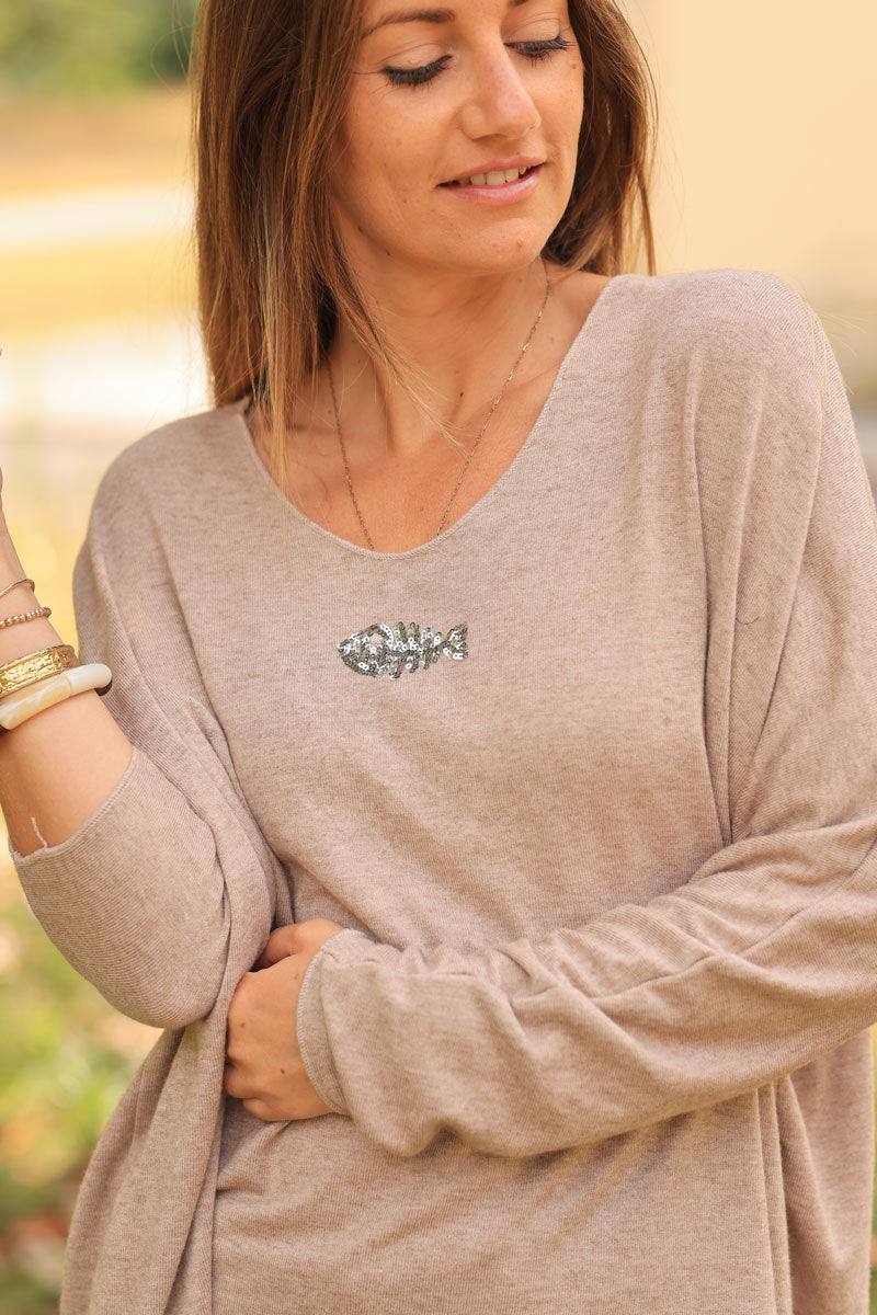 Brown v-neck sequin fishbone sweater