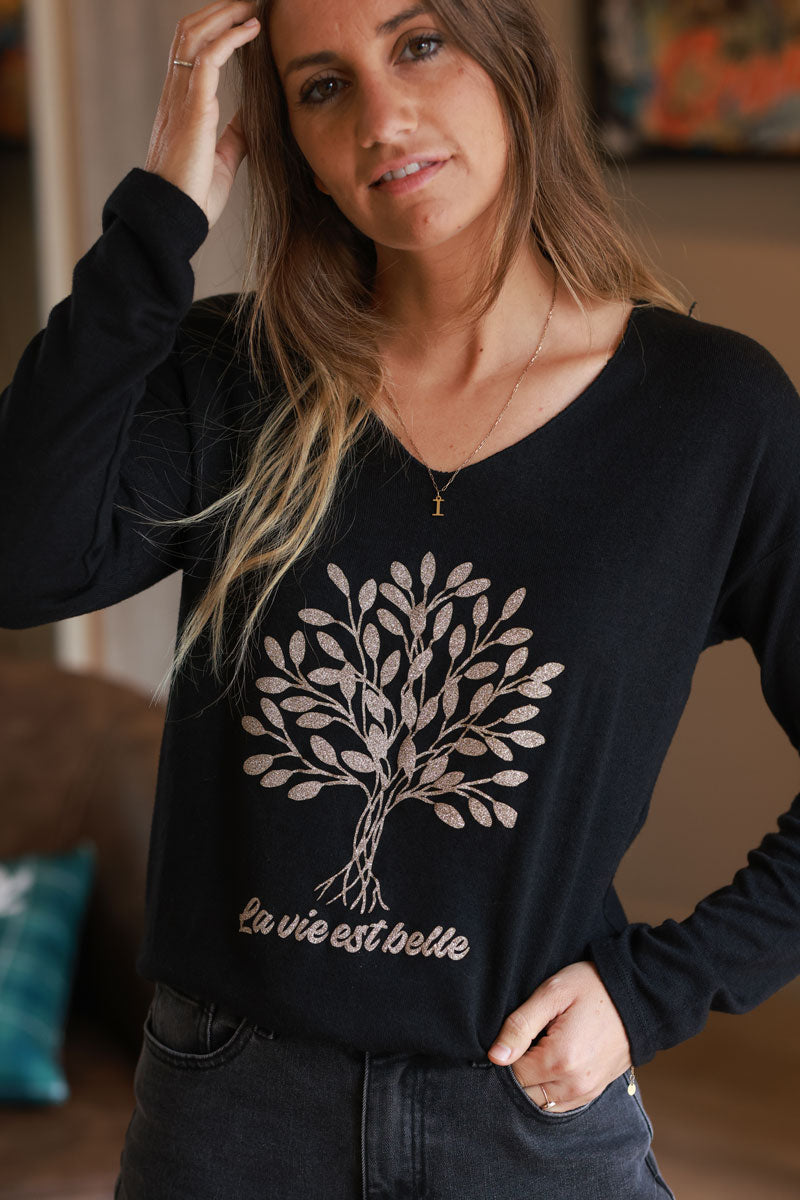 Pull jersey doux noir arbre de vie brillant doré La vie est belle