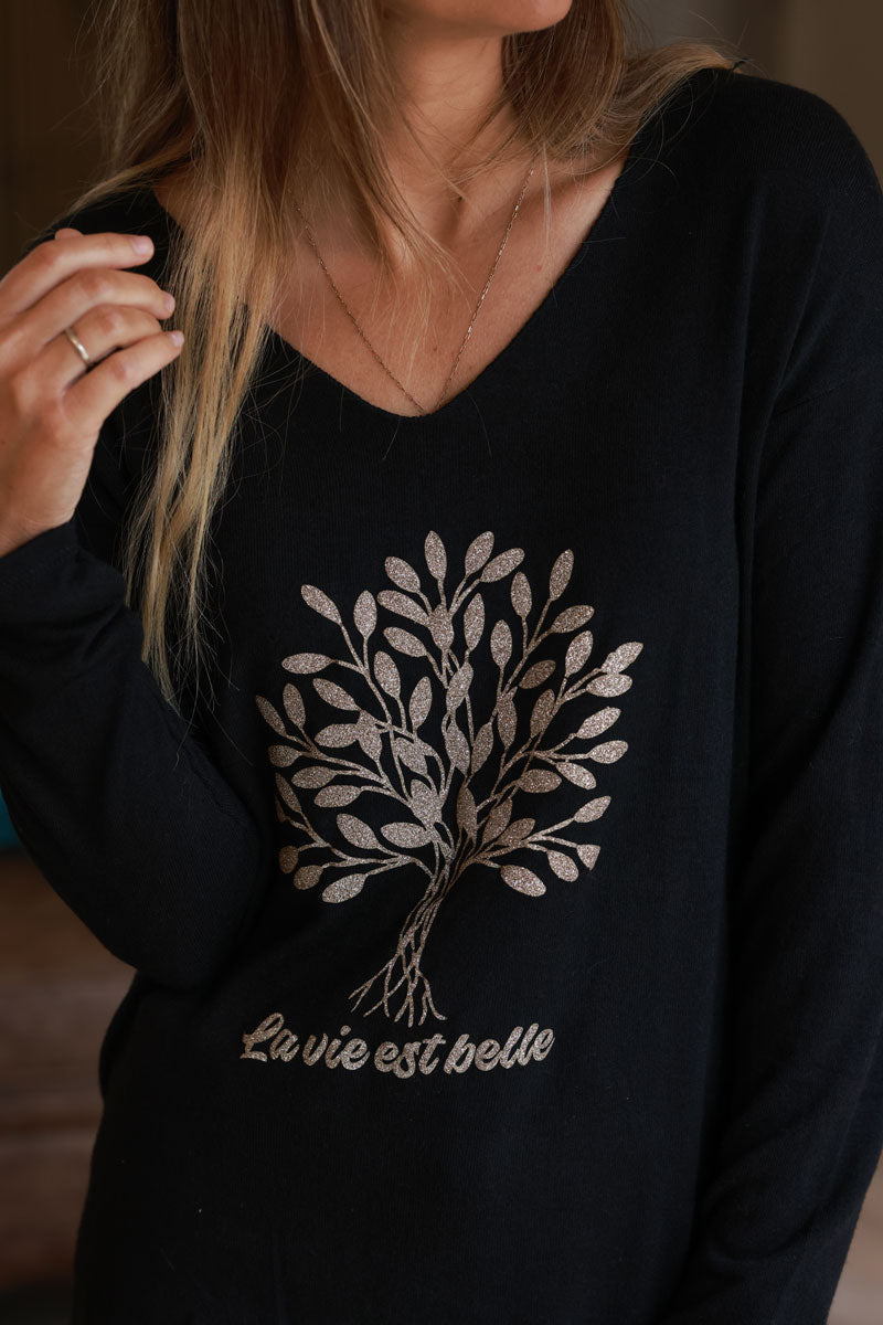 Pull jersey doux noir arbre de vie brillant doré La vie est belle