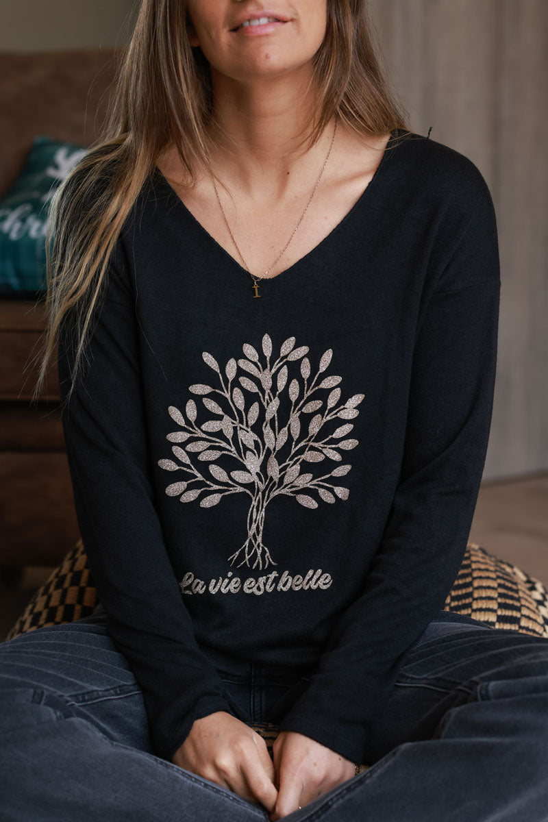 Black “La Vie Est Belle” Gold Glitter Tree Long-Sleeve Tee