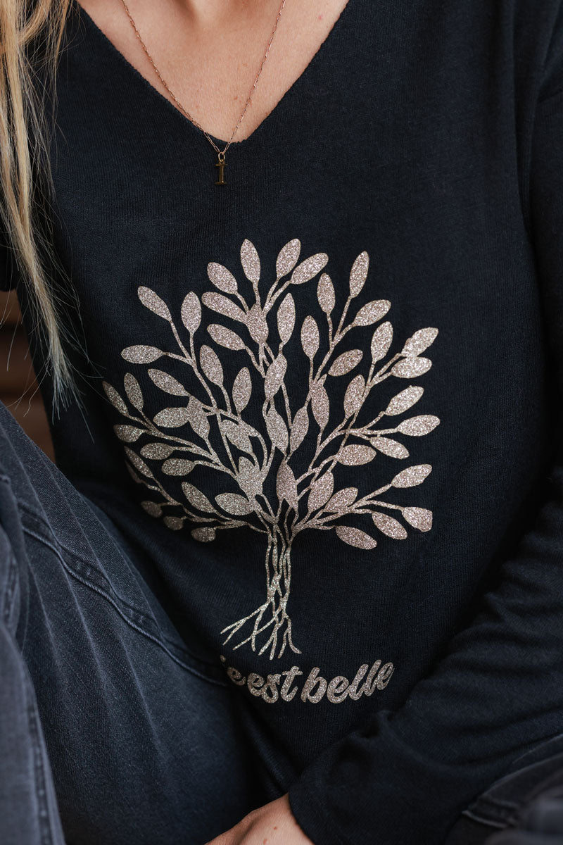 Pull jersey doux noir arbre de vie brillant doré La vie est belle