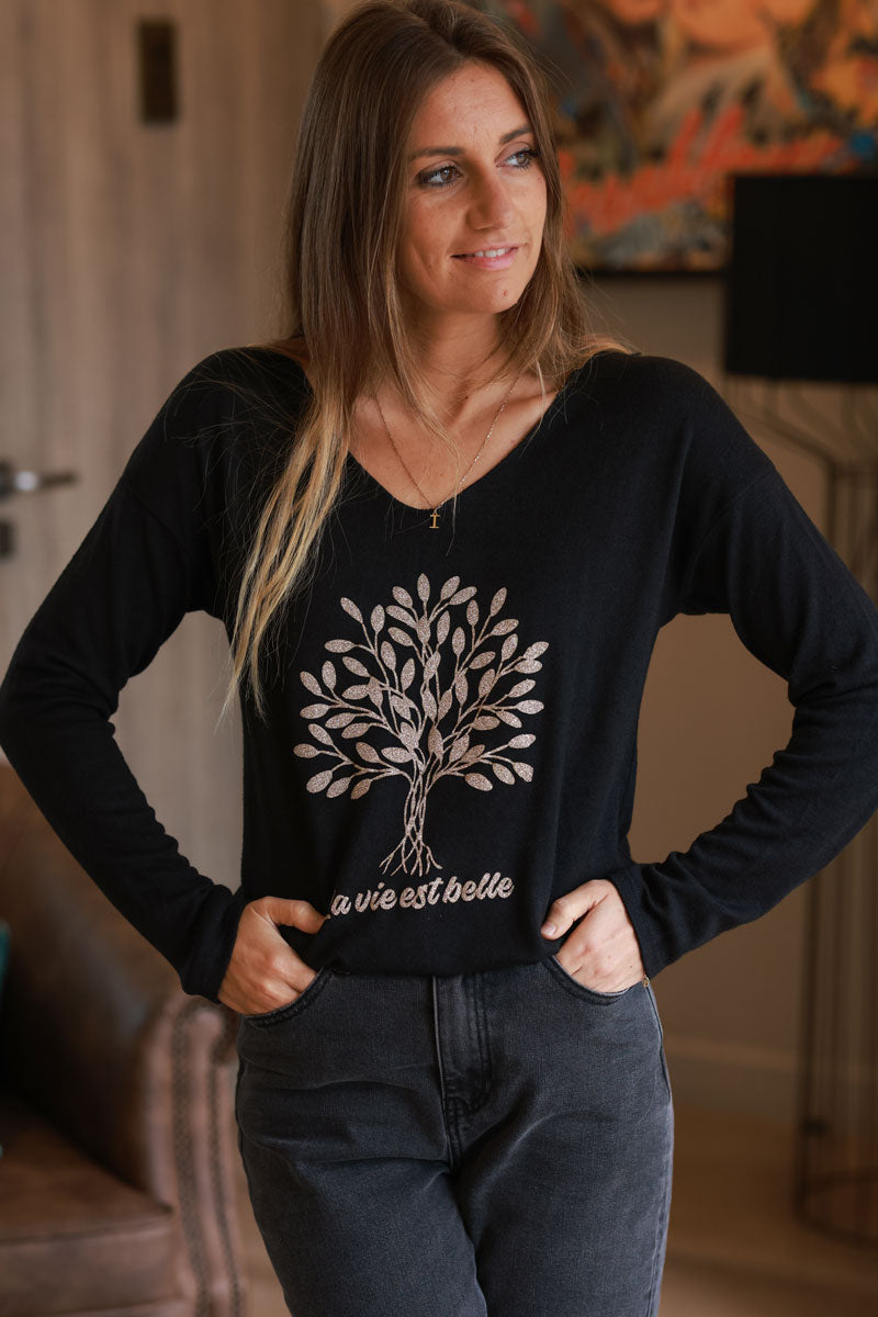 Pull jersey doux noir arbre de vie brillant doré La vie est belle