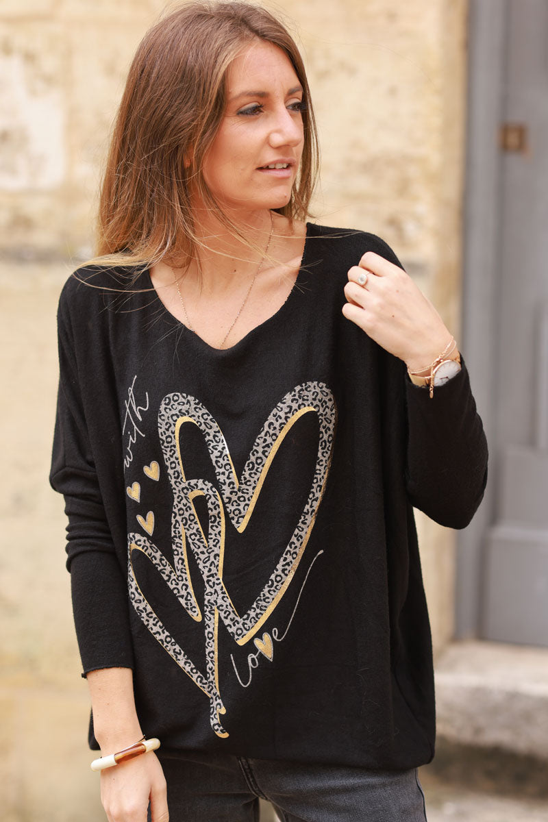 Pull jersey noir tout doux loose cœur love léopard