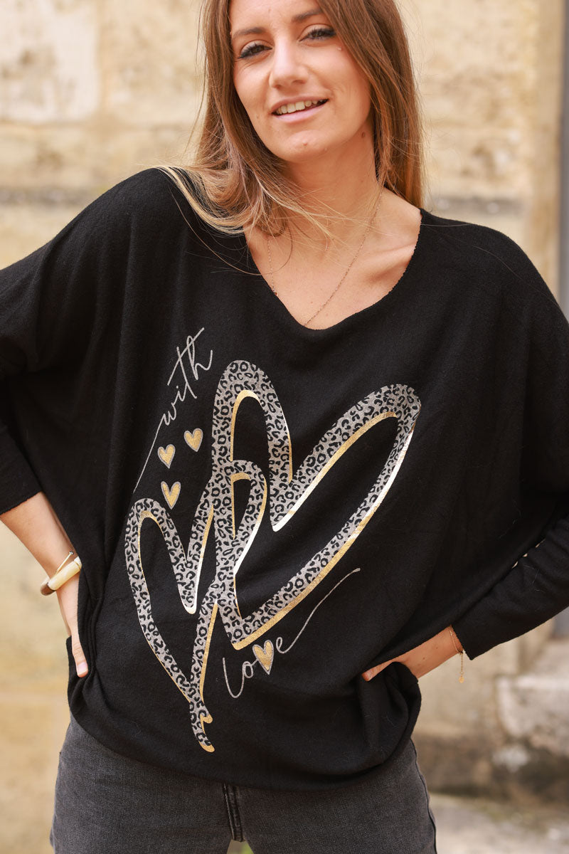 Pull jersey noir tout doux loose cœur love léopard