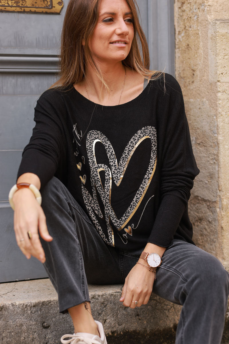 Pull jersey noir tout doux loose cœur love léopard