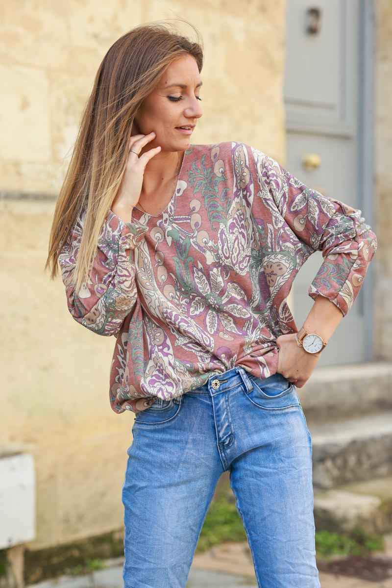 Terracotta fine knit jersey sweater with floral and paisley pattern