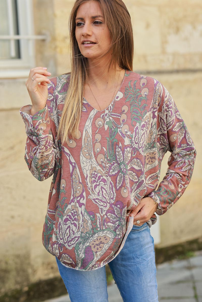 Terracotta fine knit jersey sweater with floral and paisley pattern