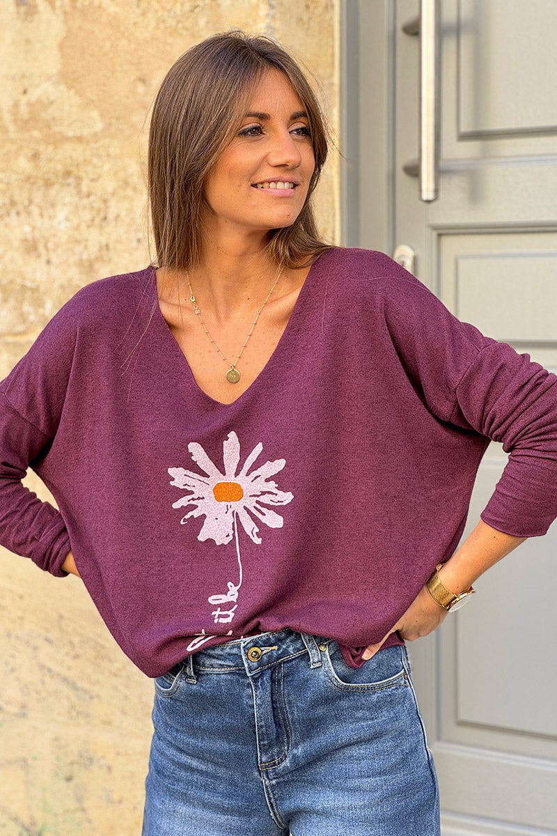 Burgundy “Let it Be” Daisy Long-Sleeve Knit Top