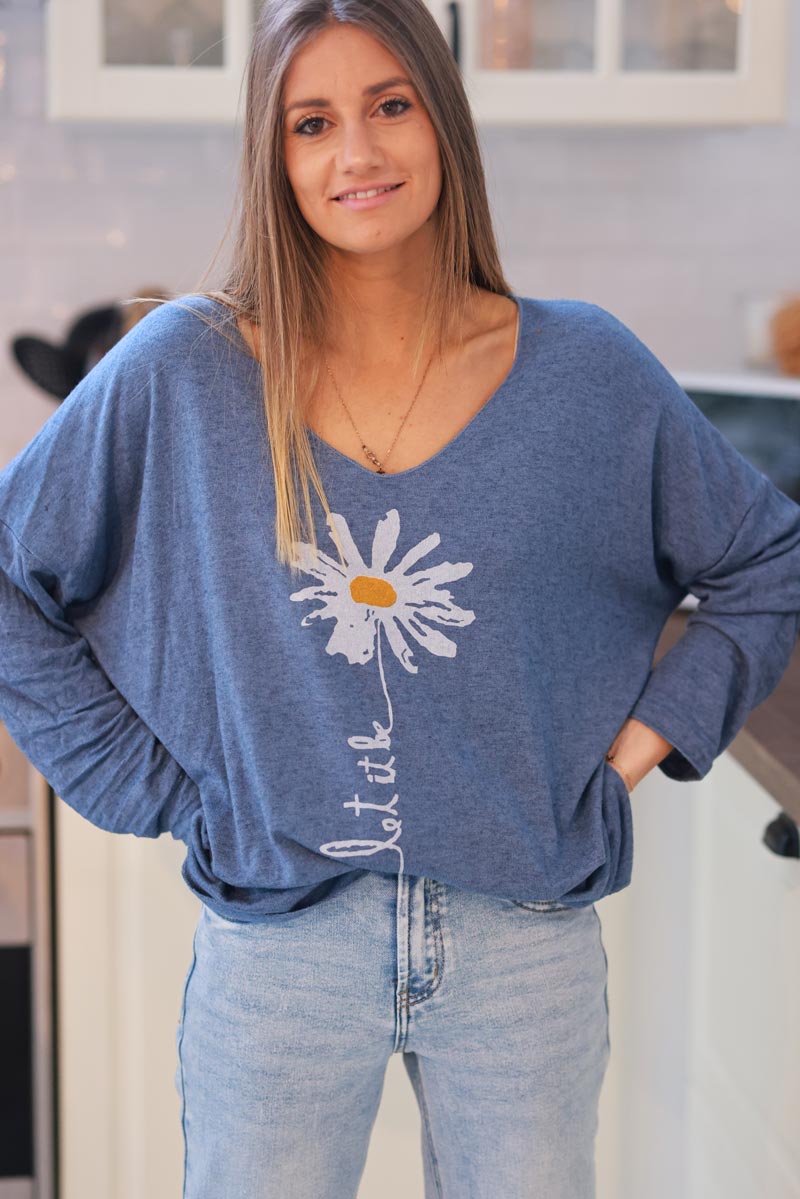 Blue “Let it Be” Daisy Long-Sleeve Knit Top