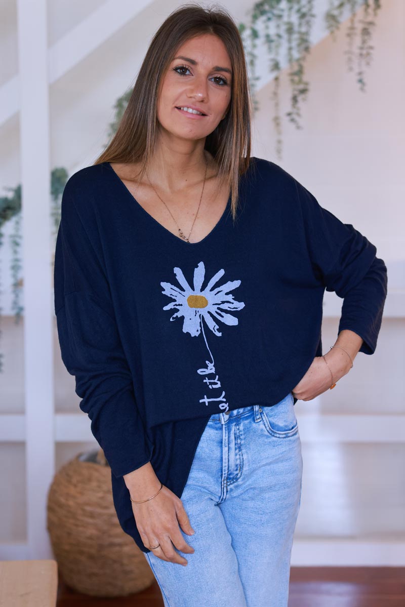 Navy Blue “Let it Be” Daisy Long-Sleeve Knit Top