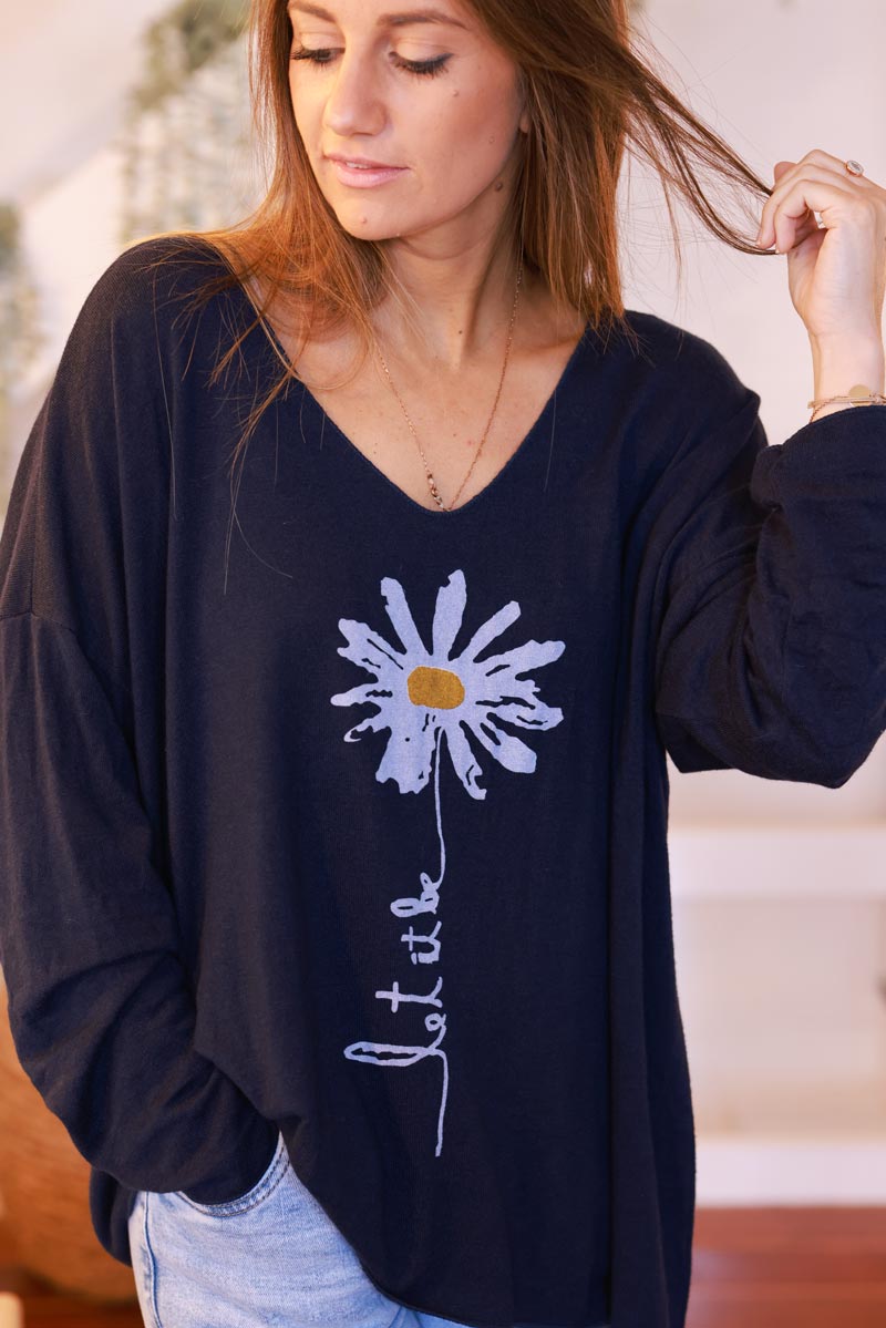 Navy Blue “Let it Be” Daisy Long-Sleeve Knit Top