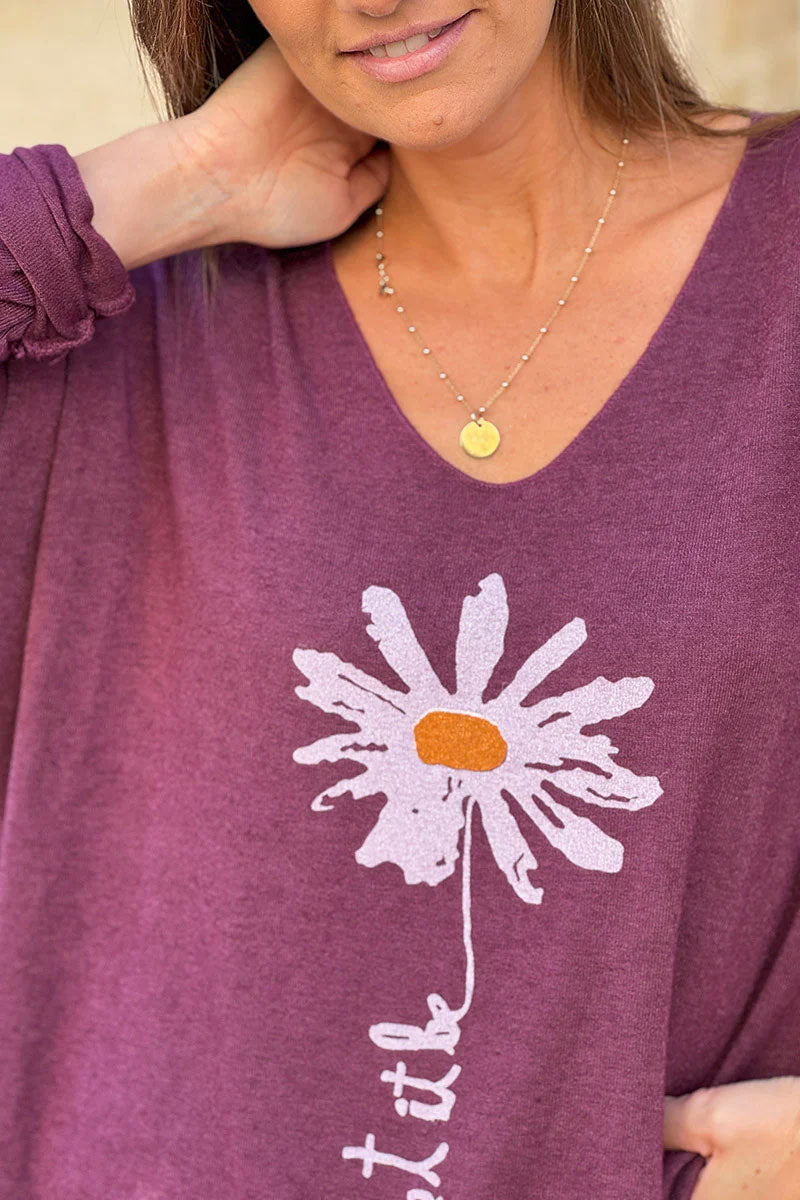 Burgundy “Let it Be” Daisy Long-Sleeve Knit Top