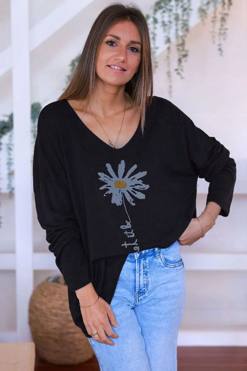 Pull jersey tout doux noir motif marguerite Let it be