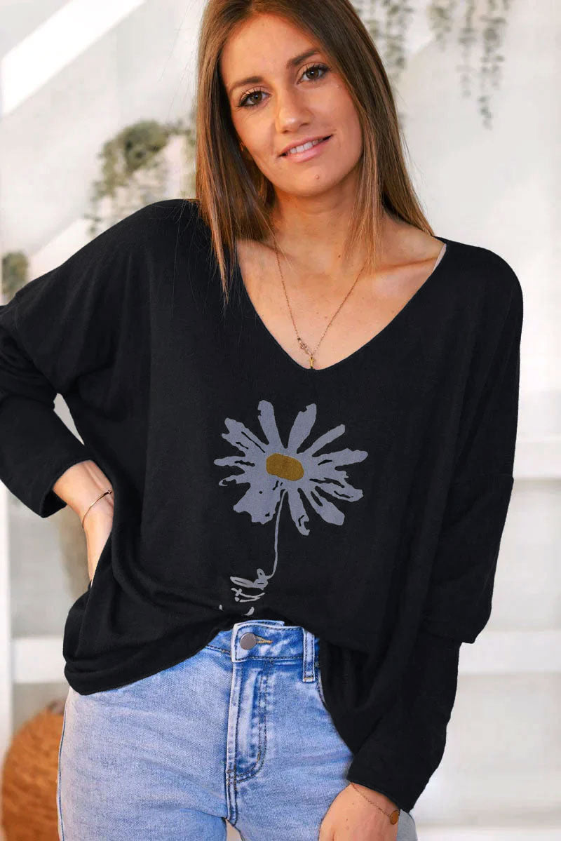 Pull jersey tout doux noir motif marguerite Let it be