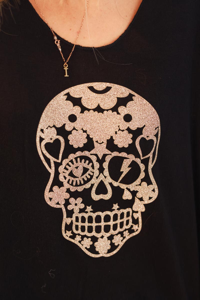 Black Glitter Skull Long-Sleeve Knit Top