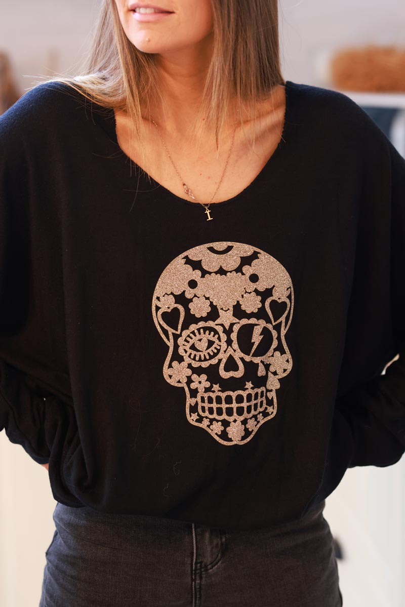 Black Glitter Skull Long-Sleeve Knit Top