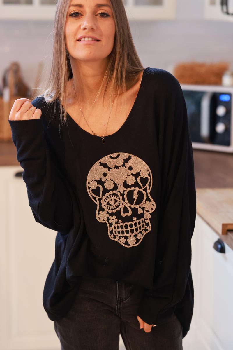 Black Glitter Skull Long-Sleeve Knit Top