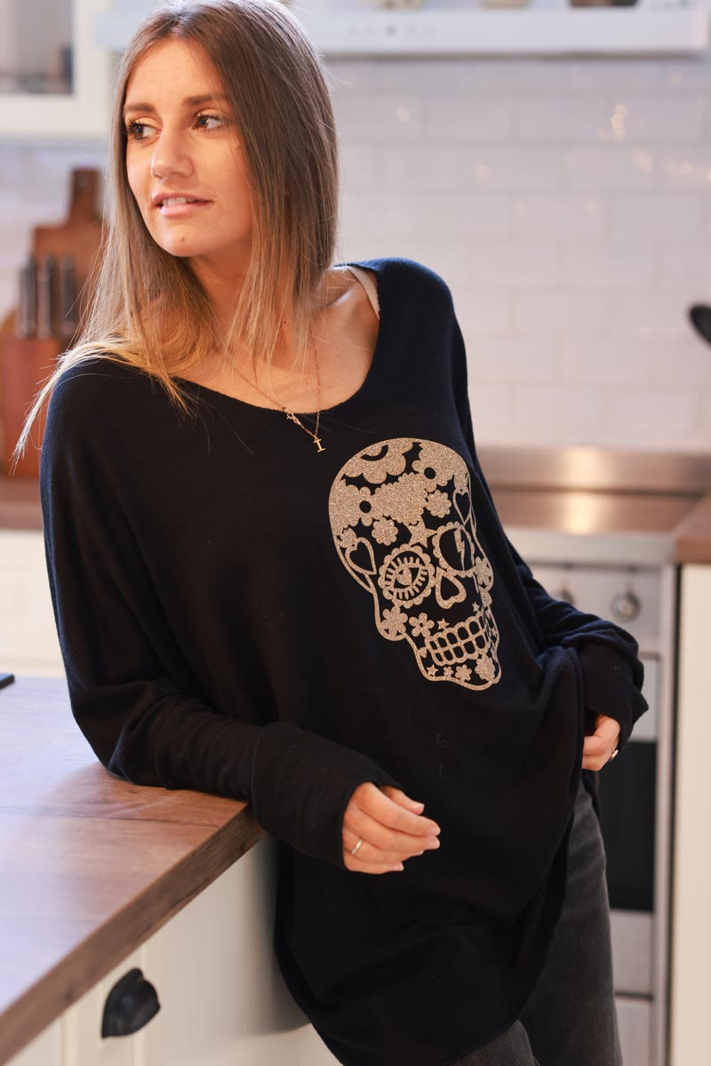 Black Glitter Skull Long-Sleeve Knit Top