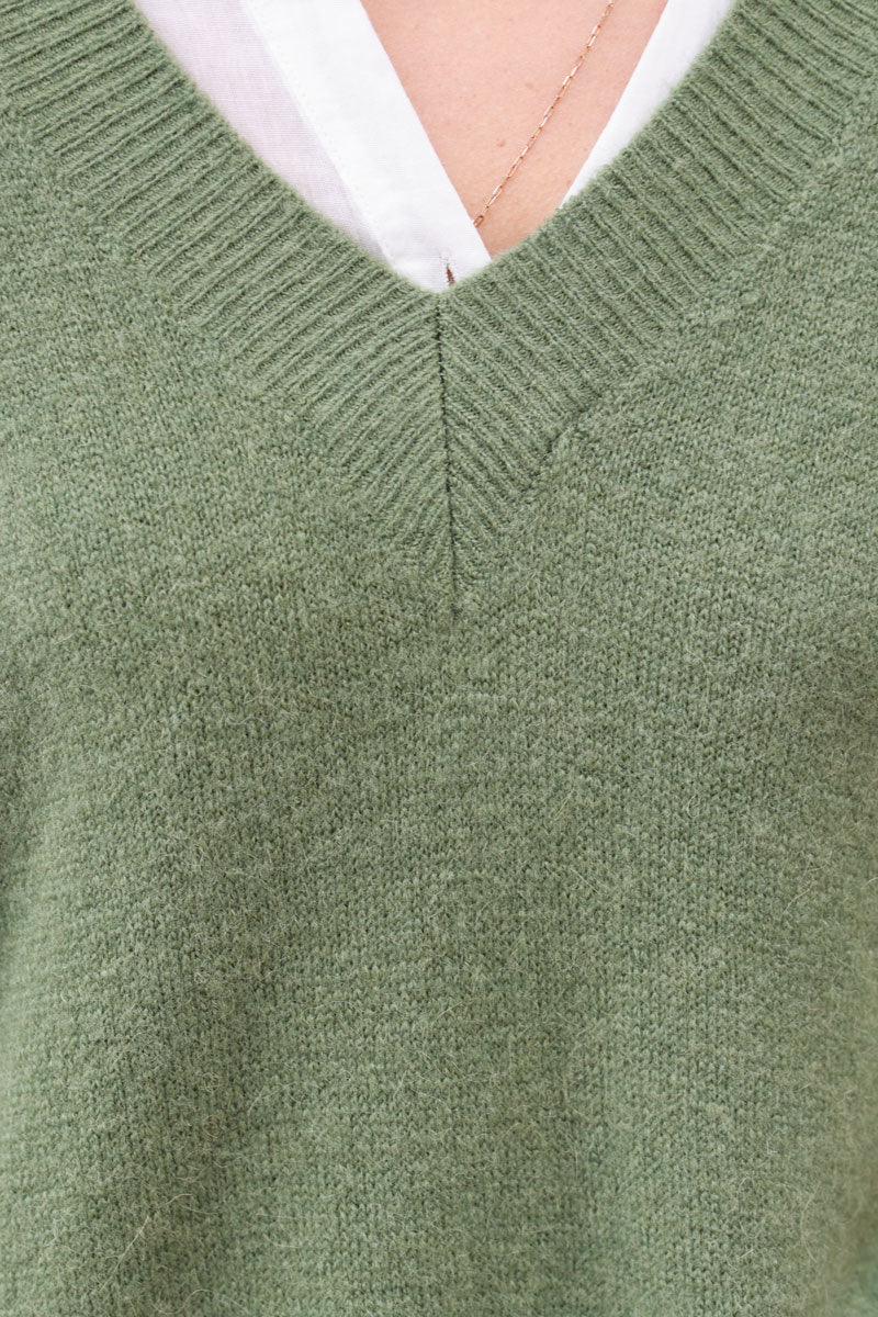 Olive Alpaca Knit V-Neck Sweater