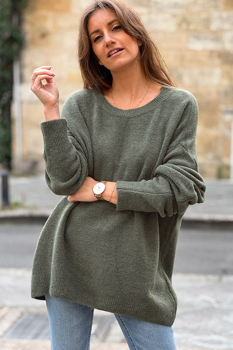 Pull kaki basique loose en maille alpaga