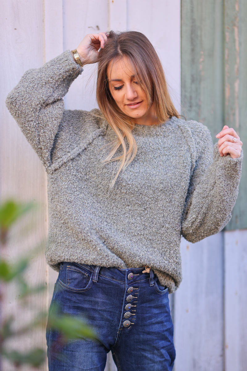 Khaki bouclette knit sweater with inside out seams