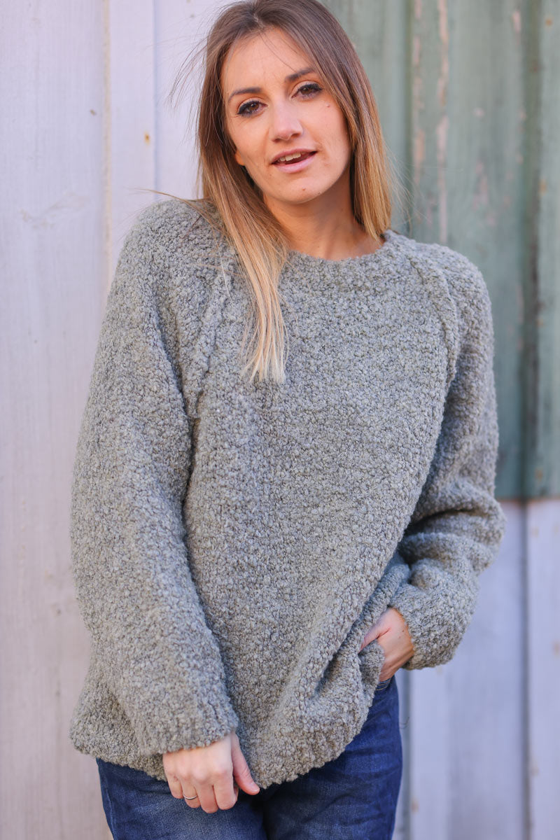 Khaki bouclette knit sweater with inside out seams