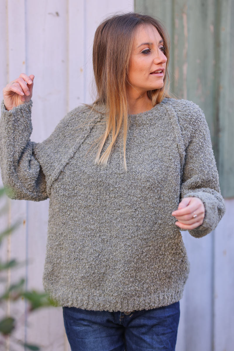 Khaki bouclette knit sweater with inside out seams