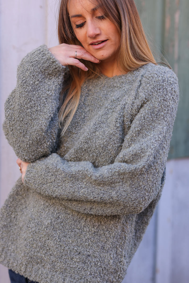 Khaki bouclette knit sweater with inside out seams