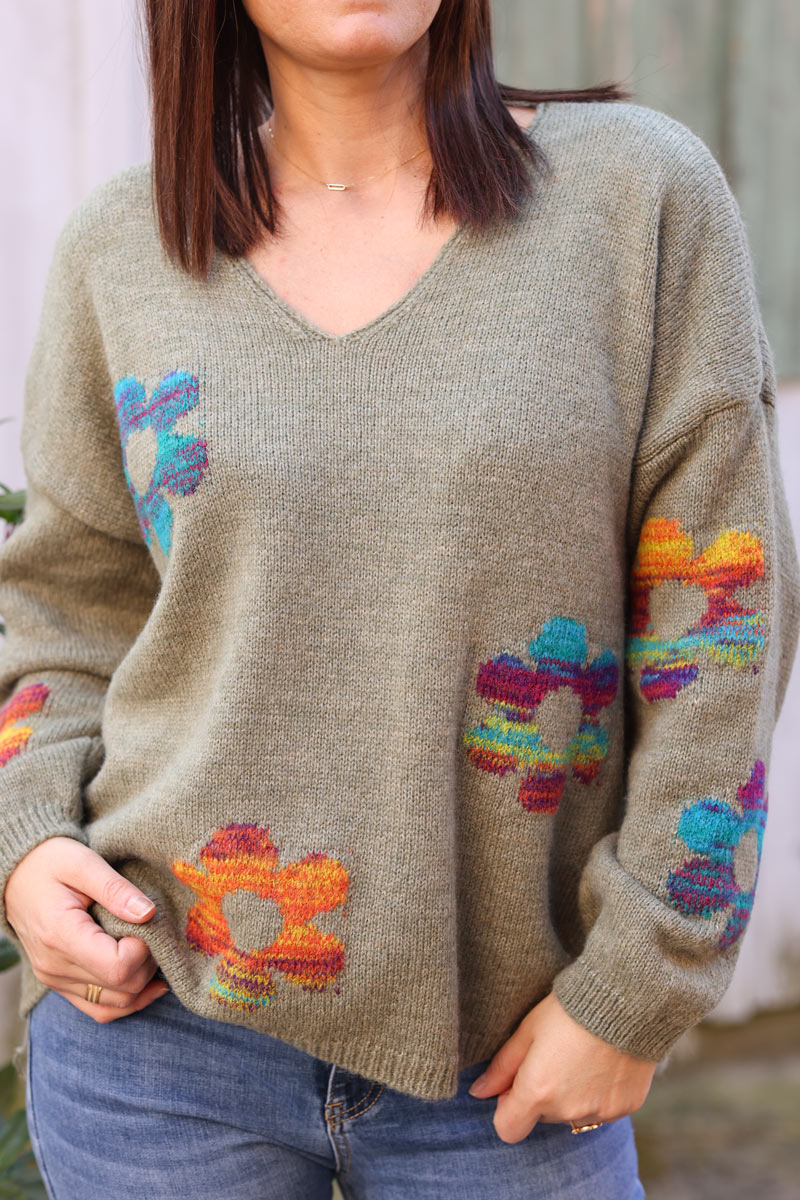 Khaki knit sweater with large multicolour flower print 