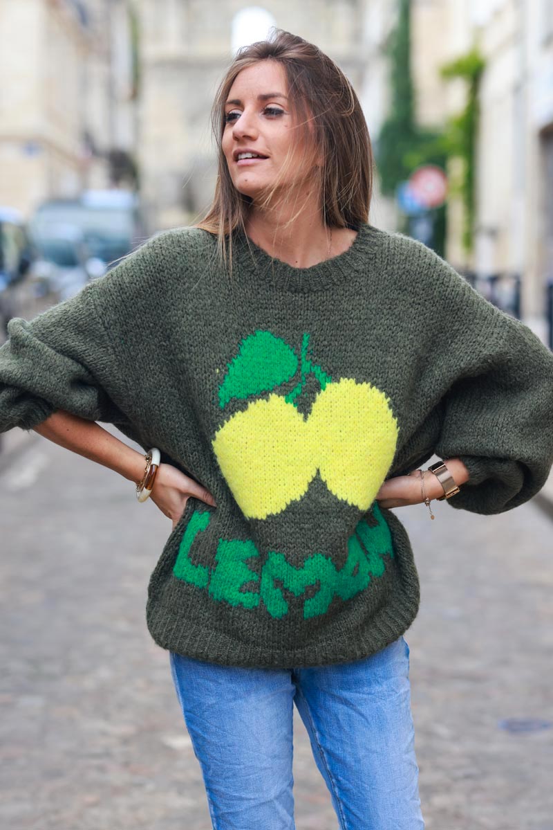 Khaki chunky knit sweater with lemon pattern