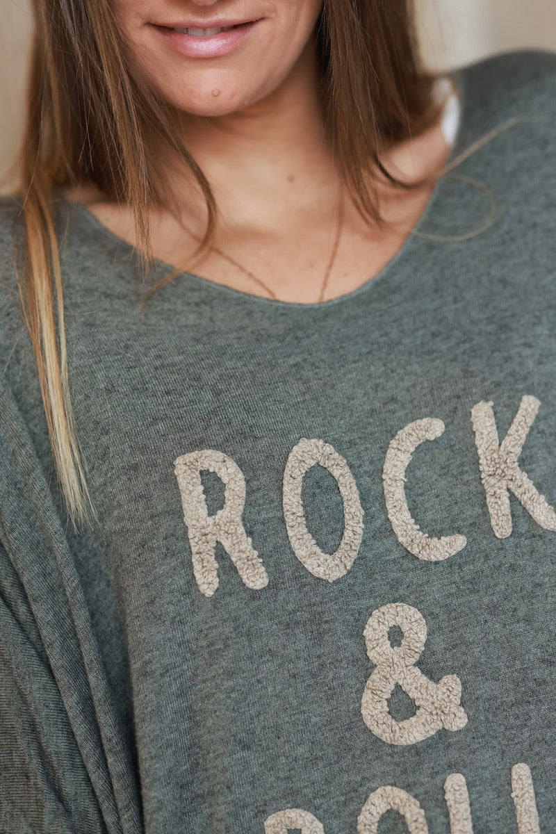 Olive Slub Knit “Rock & Roll” Long Sleeve Tee