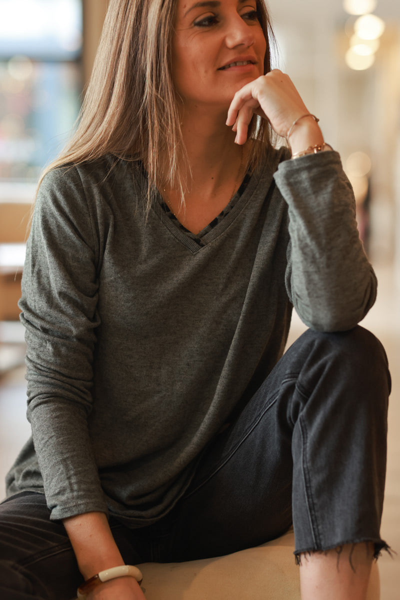 Olive Long-Sleeve V-Neck Tee with Leopard Trim