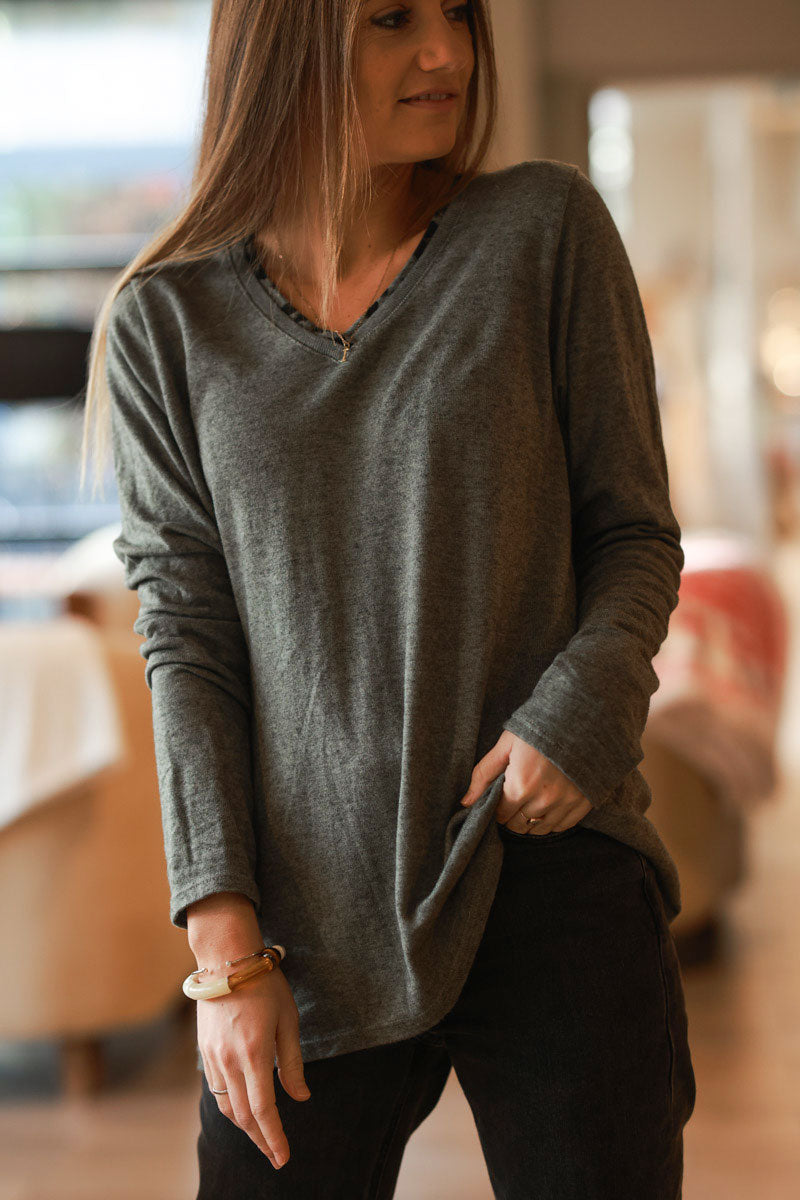 Olive Long-Sleeve V-Neck Tee with Leopard Trim