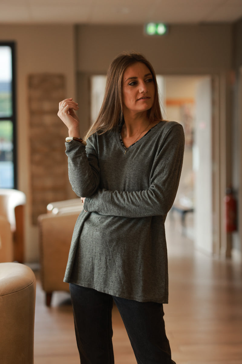 Olive Long-Sleeve V-Neck Tee with Leopard Trim