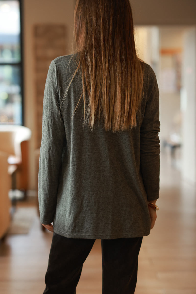 Olive Long-Sleeve V-Neck Tee with Leopard Trim