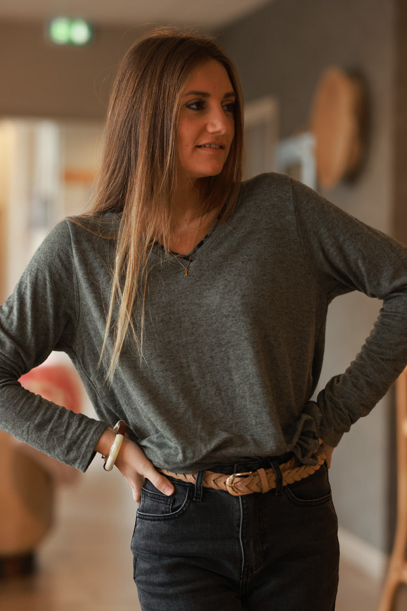 Olive Long-Sleeve V-Neck Tee with Leopard Trim