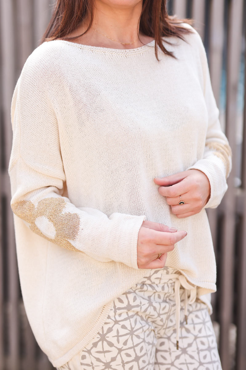 Beige cotton knit jumper with gold flowers on sleeves and back