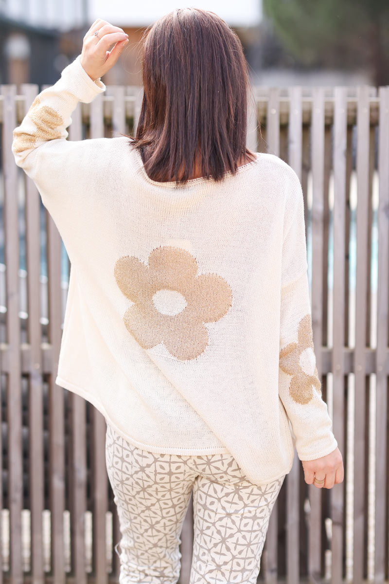 Beige cotton knit jumper with gold flowers on sleeves and back
