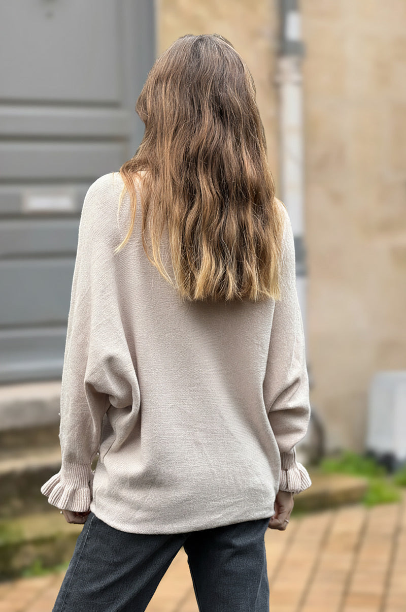 Beige Dolman Sweater with Ruffled Knit Cuffs