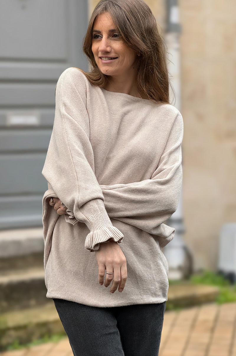 Beige Dolman Sweater with Ruffled Knit Cuffs