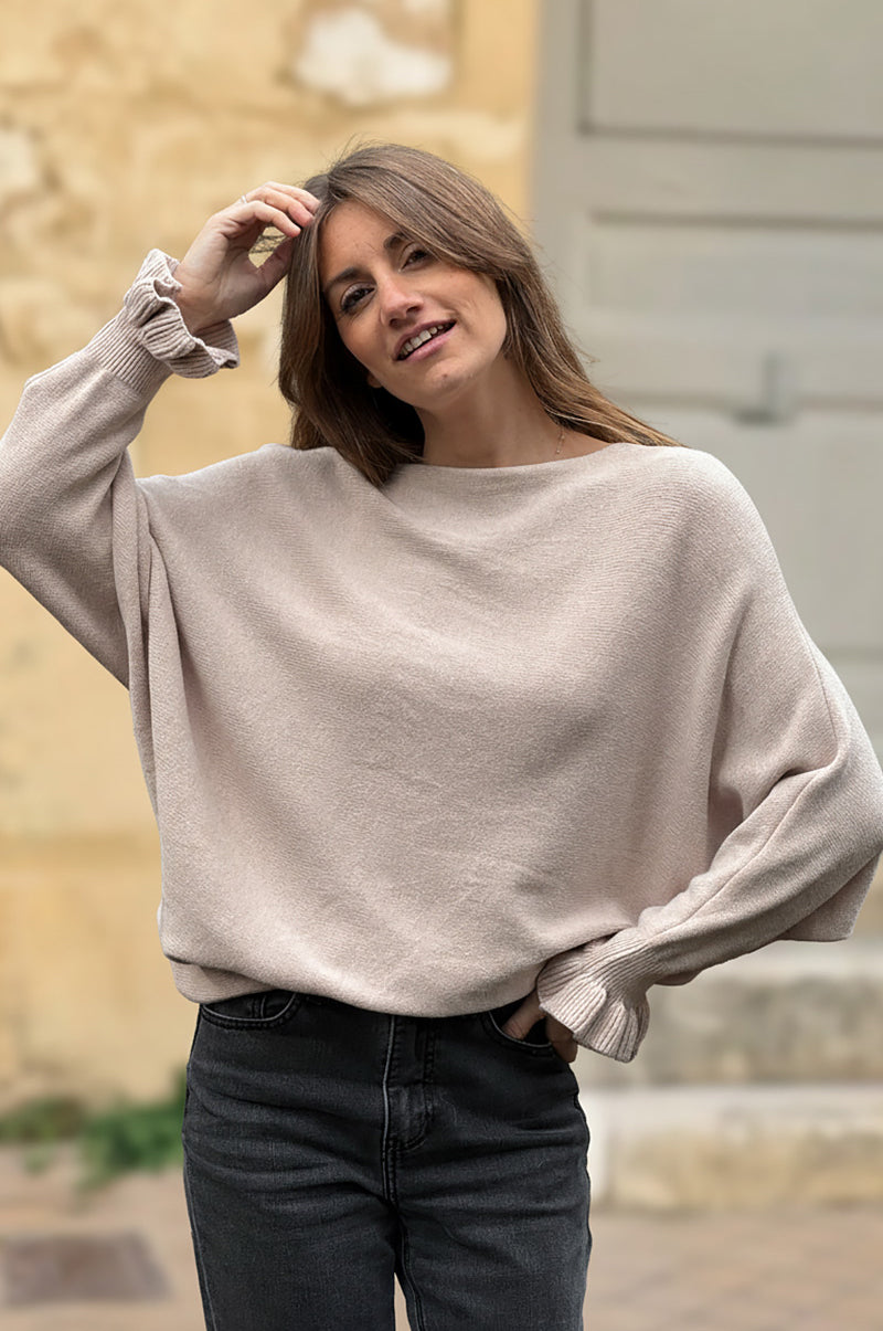 Beige Dolman Sweater with Ruffled Knit Cuffs