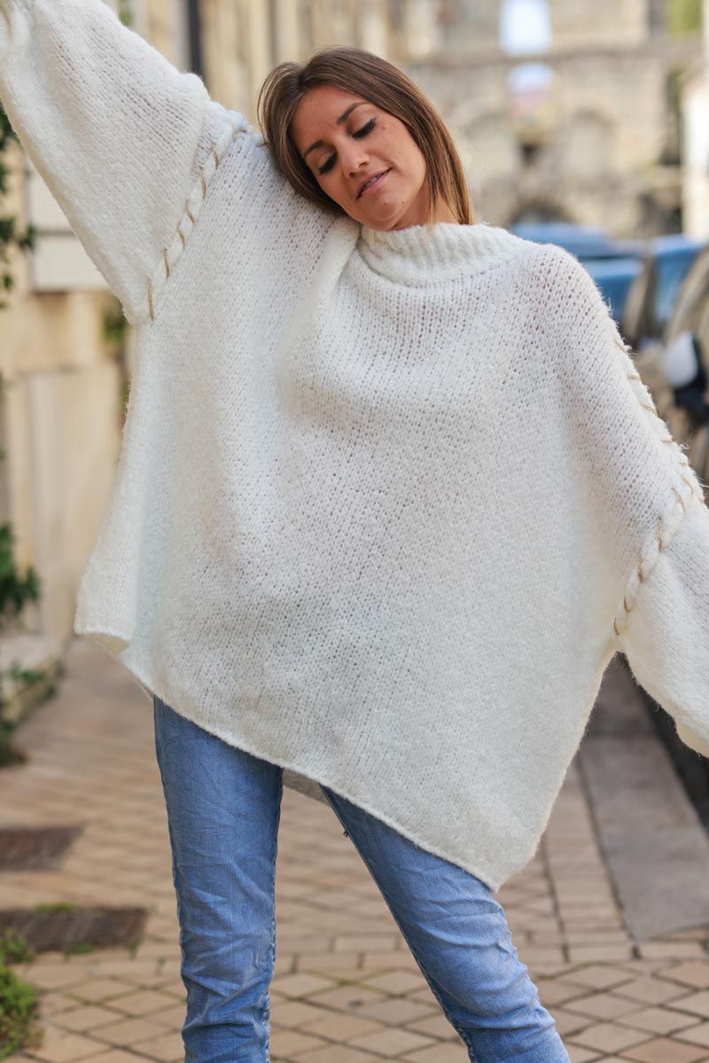 Oversized chunky knit sweater in off white with gold seam stitching detail