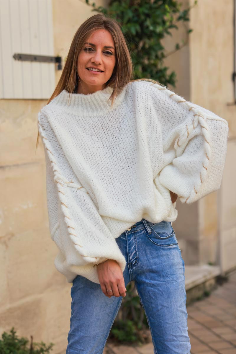 Oversized chunky knit sweater in off white with gold seam stitching detail