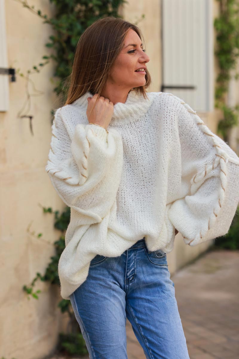 Oversized chunky knit sweater in off white with gold seam stitching detail