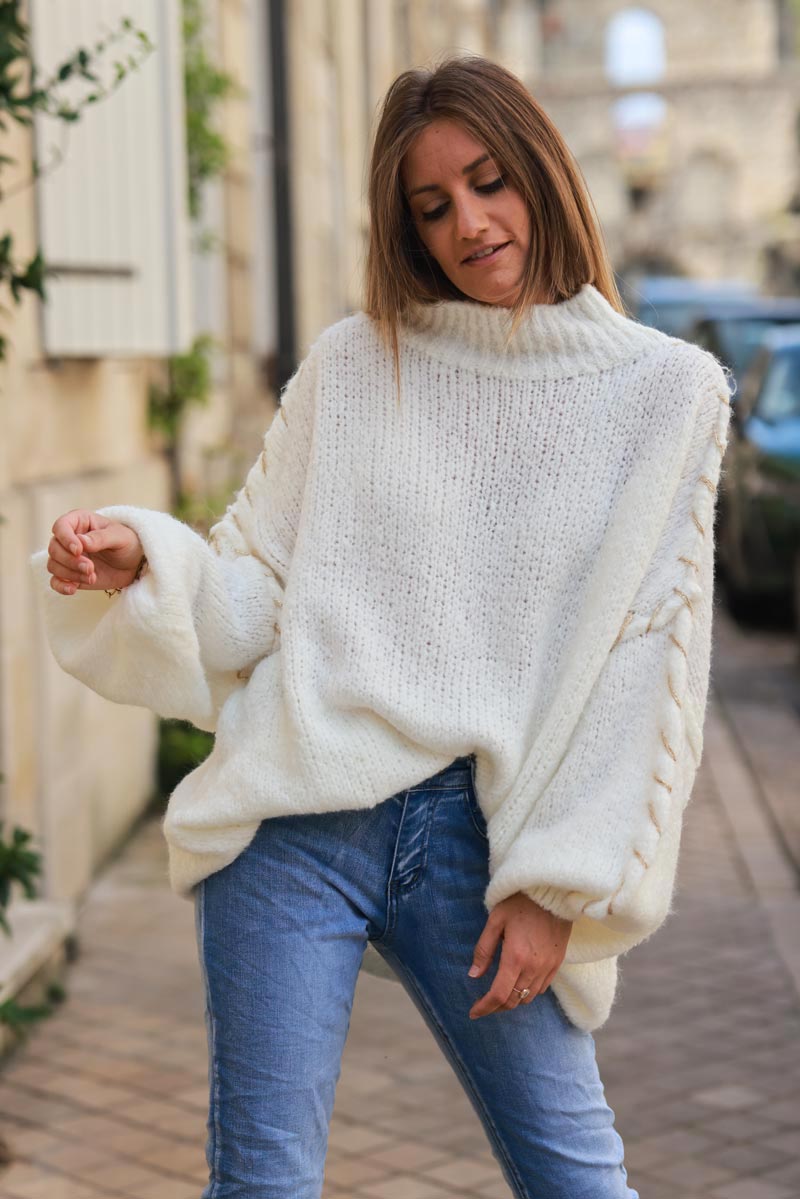 Oversized chunky knit jumper in off white with gold seam stitching detail